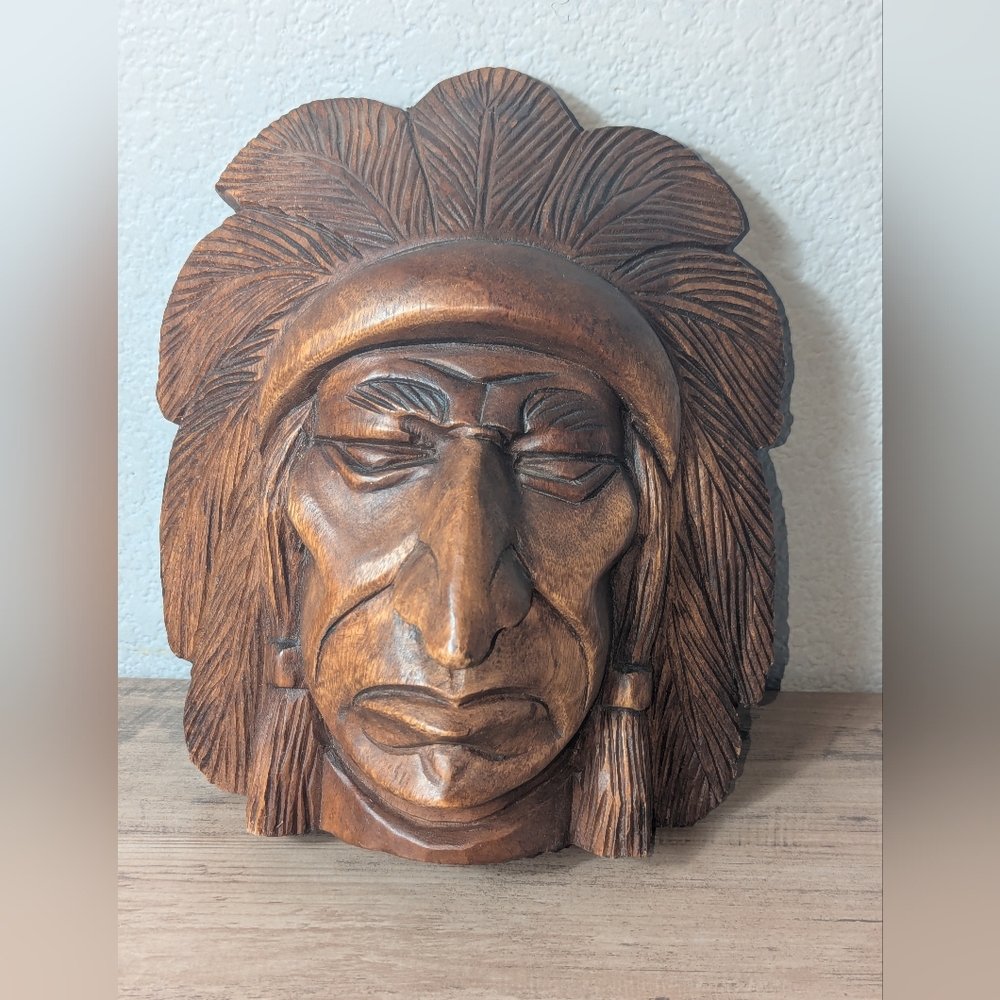 Hand Carved Wood Indian Head Chief Bust Tobacco Store Cigar Shop Sculpture 12"
